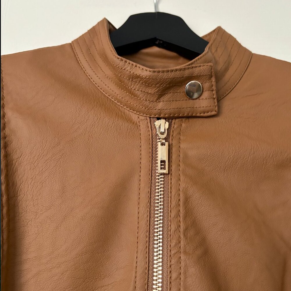 Brown Faux Leather Jacket | Size S (Fits Like a Medium) | Zip Front - Picture 3 of 7